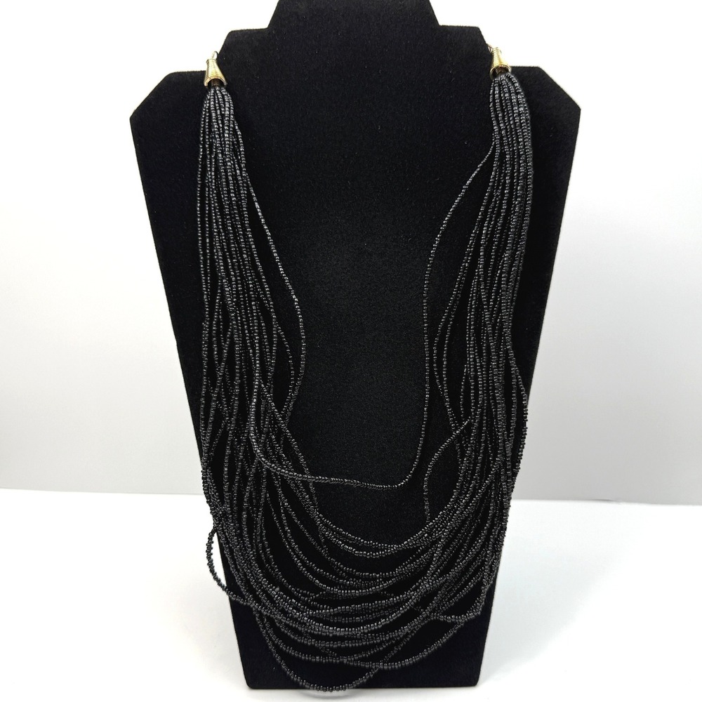 Multi Strand Statement Necklace Black Glass Beaded Fashion Jewelry Evening 12 in